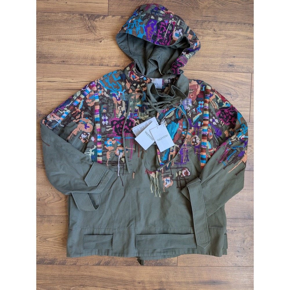 NWT Valentino Embroidered Beaded‎ Hooded Anorak Jacket Olive Green Cotton IT 40